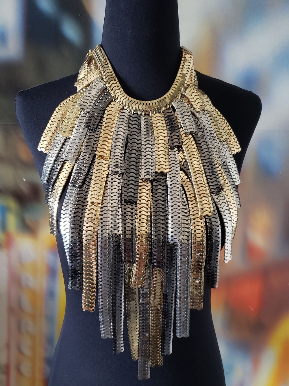 Tri-Color Gold, Silver & Gunmetal Fringe Bib Statement Necklace